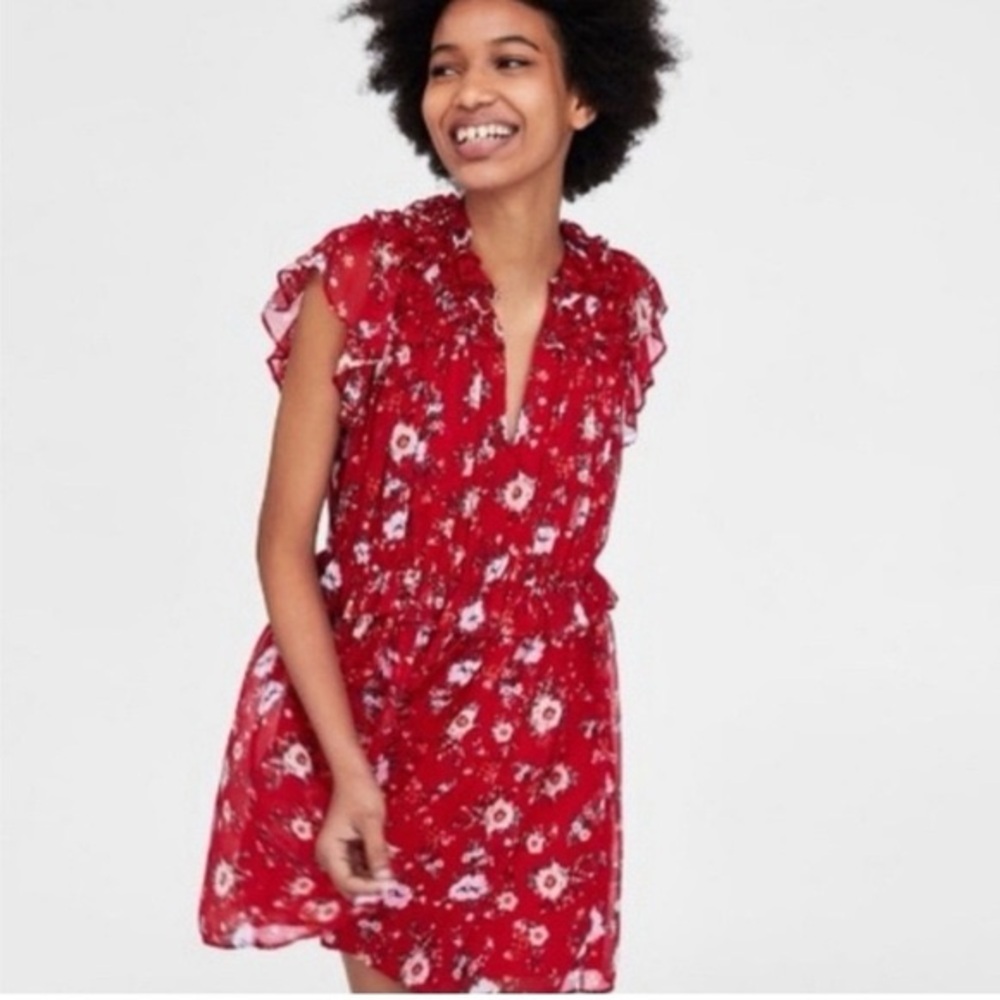 ZARA Floral Mini Dress Red Artsy Lightweight flowy Ruffle Sleeveless - Sz XS